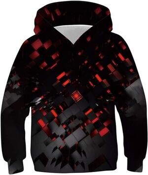 Boys 3D Graphic Pullover Hoodie Red Black Geometric Print Hooded Sweatshirt Medi